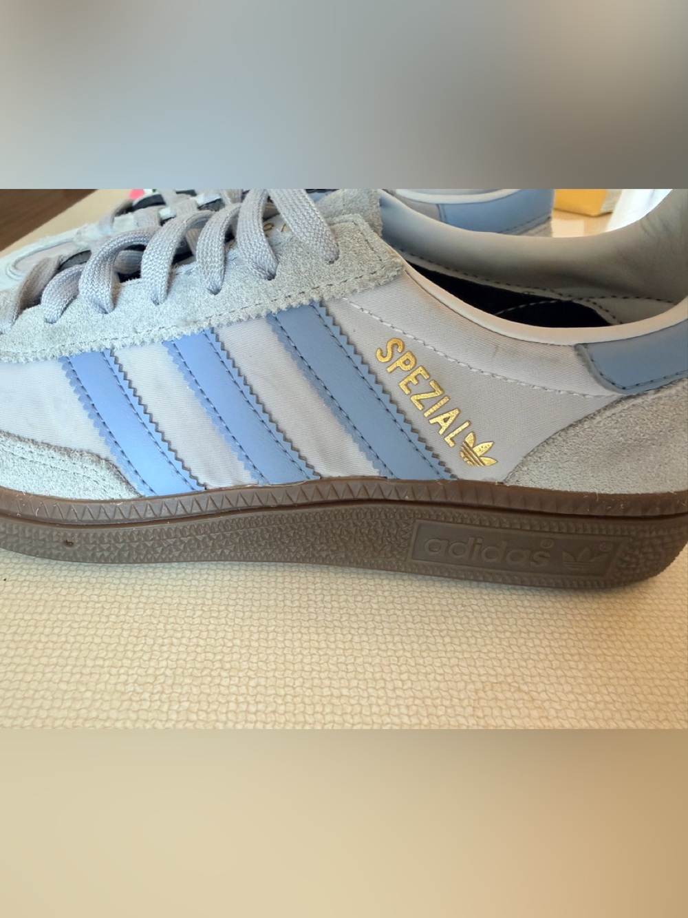 adidas Spezial kids Cream & Light Blue Leather Sneakers with Gold Branding - Picture 10 of 13